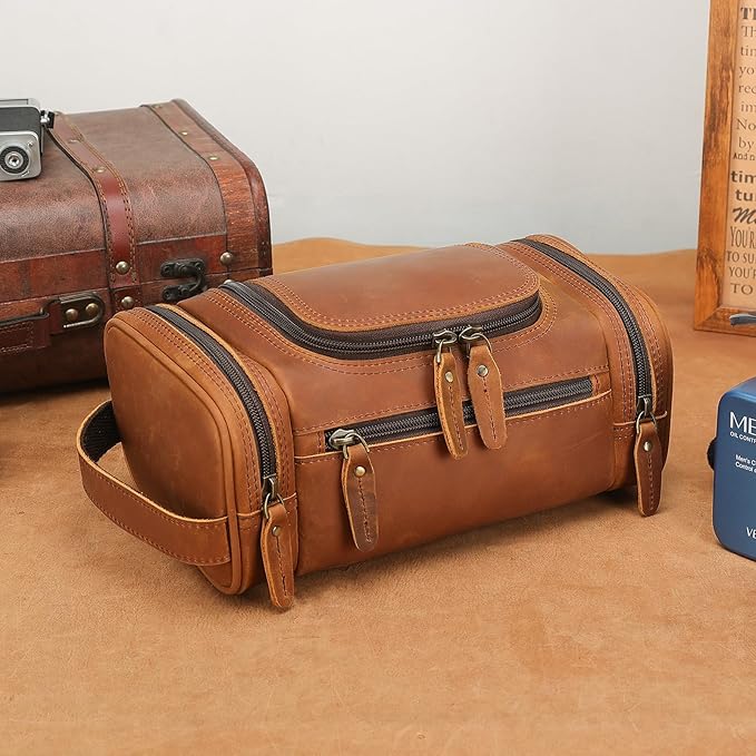 Polare Toiletry Bag Full Grain Leather Shaving Kit Dopp Kit Travel Case Wash Bag with YKK Zippers