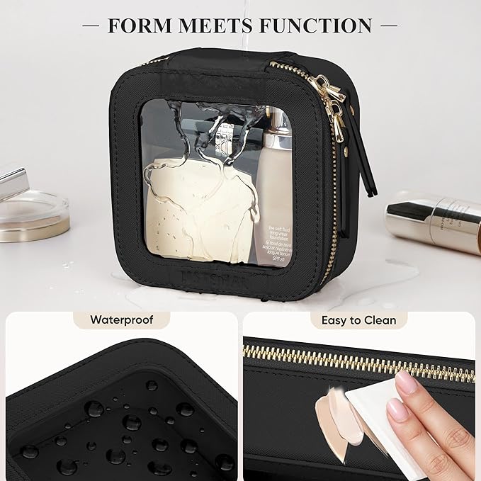 Clear Makeup Bag, Travel Toiletry Bag Cosmetic Case for Women, Waterproof Portable Small Make Up Skincare Pouch with Zipper, Compact Car Organizer Bag for Essentials, Mini Size, Black