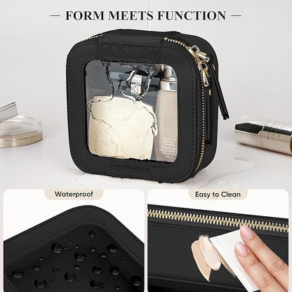 Clear Makeup Bag, Travel Toiletry Bag Cosmetic Case for Women, Waterproof Portable Small Make Up Skincare Pouch with Zipper, Compact Car Organizer Bag for Essentials, Mini Size, Black