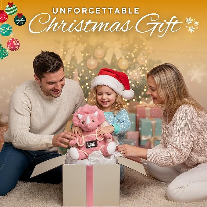 Naturally KIDS Pink Triceratops Toy, Triceratops Stuffed Animal for 2 3 4 5 Year Old Girl, Stuffed Dinosaur for Girls, Pink Toddler Backpack