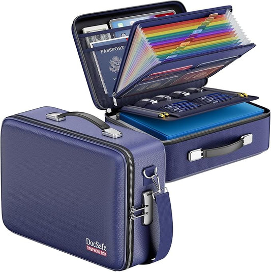 DocSafe Fireproof Document Box with Lock, Hard Case File Organizer with Accordion File Folder, Fireproof Water Resistant Safe Box Home Office Travel Storage for Important Documents Laptop Blue