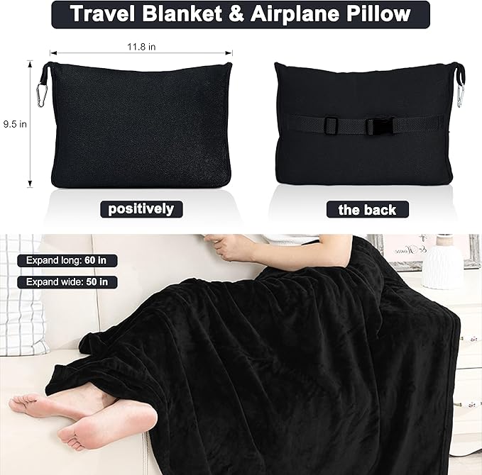 2-in-1 Convertible Travel Blanket & Pillow-Ultra Soft, Compact & Packable with Hand Luggage Sleeve and Backpack Clip for Flight & Car,Black