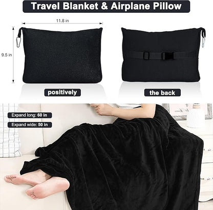 2-in-1 Convertible Travel Blanket & Pillow-Ultra Soft, Compact & Packable with Hand Luggage Sleeve and Backpack Clip for Flight & Car,Black