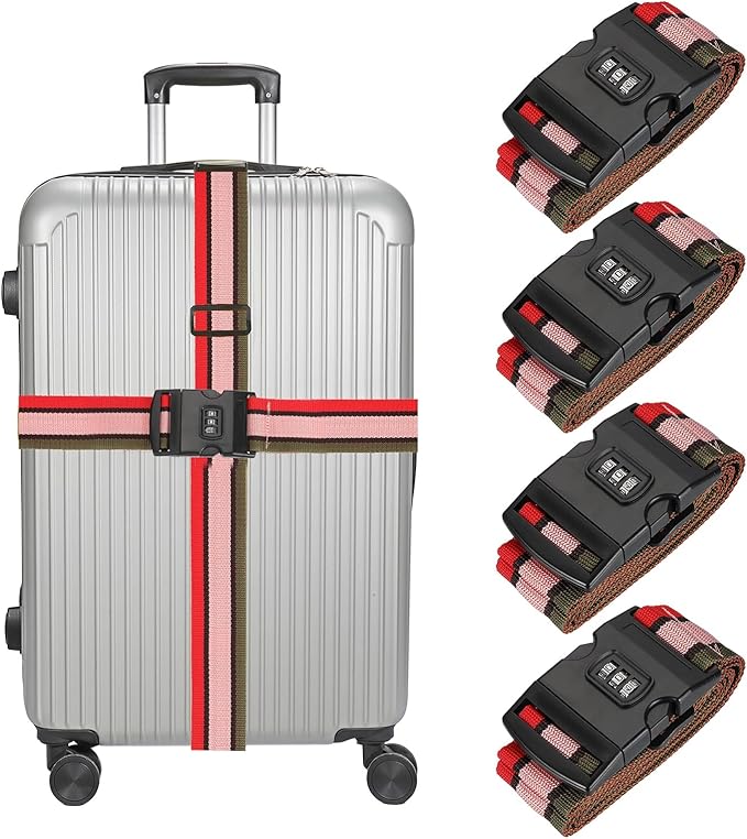 MECCANIXITY Luggage Straps with Combination Lock Adjustable Suitcase Belt Strap for Suitcase Briefcase Backpack Travel, Red-White-Blue, Pack of 4