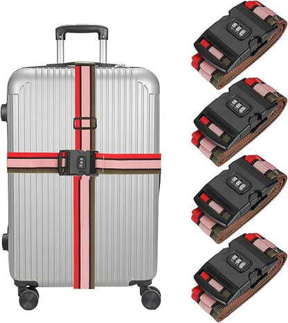 MECCANIXITY Luggage Straps with Combination Lock Adjustable Suitcase Belt Strap for Suitcase Briefcase Backpack Travel, Red-White-Blue, Pack of 4