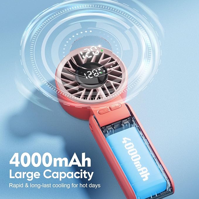 Portable Handheld Fan, 4000mAh Rechargeable, 6 Speed Settings, LCD Display, 3-in-1 Foldable Mini Desk Fan with Lanyard (Pink)