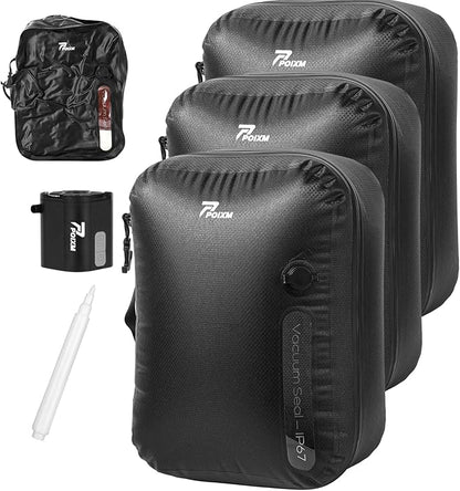 Vacuum Bags for Travel with Pump, Reusable Space Saver Bag, IP67 Waterproof Vacuum Packing Cubes for Travel Suitcases and Backpack (3PC + PUMP)