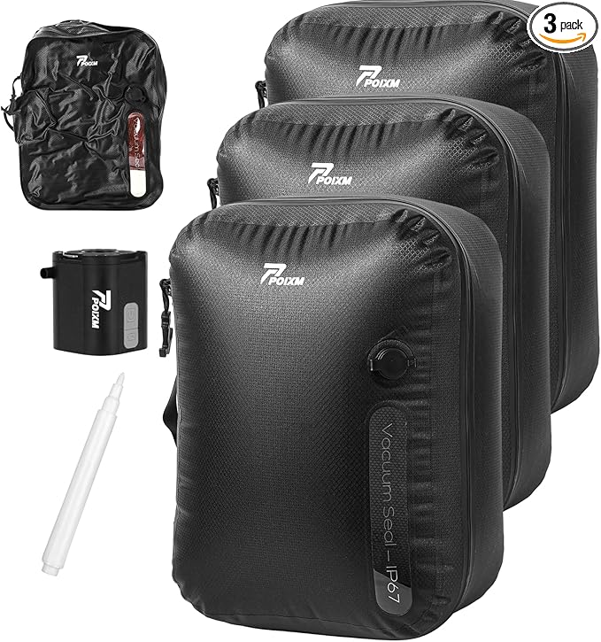 Vacuum Bags for Travel with Wireless Pump, 180° Open Zipper, IP67 Waterproof, Reusable Space Saver Compression Bags for Home Storage, Backpack, Suitcase(3 Pack + Pump)