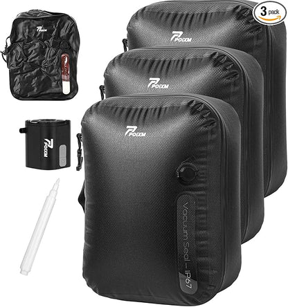 Vacuum Bags for Travel with Wireless Pump, 180° Open Zipper, IP67 Waterproof, Reusable Space Saver Compression Bags for Home Storage, Backpack, Suitcase(3 Pack + Pump)