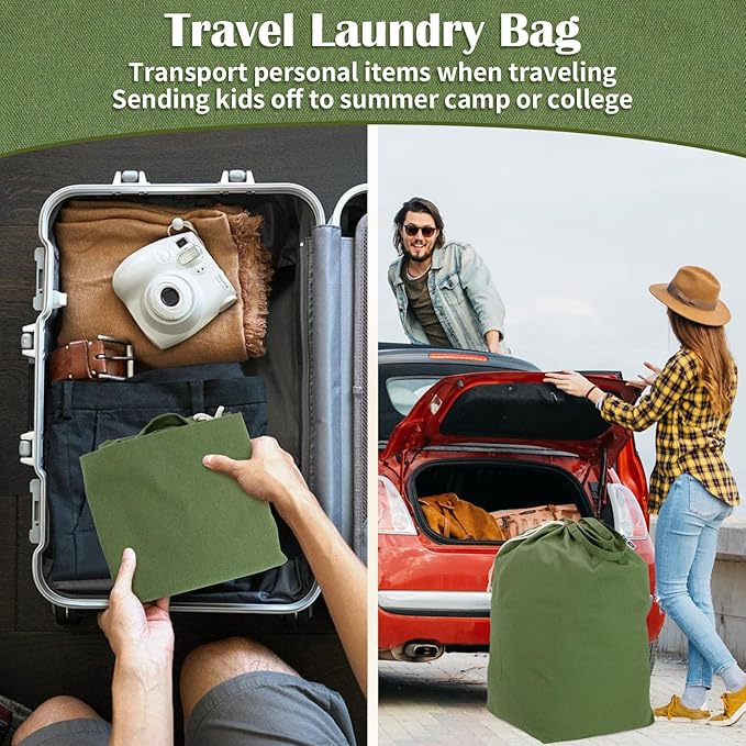 Canvas Laundry Bags with Handles & Rectangular Base, 90L Extra Large Heavy Duty Laundry Basket Hamper Liner Replacement, Washable Cotton Drawstring Dirty Clothes Bag (Army Green)