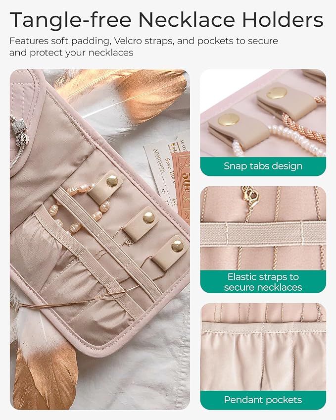 BAGSMART Travel Jewelry Organizer Case Foldable Jewelry Roll for Journey Rings, Necklaces, Earrings, Bracelets,Mini,Beige