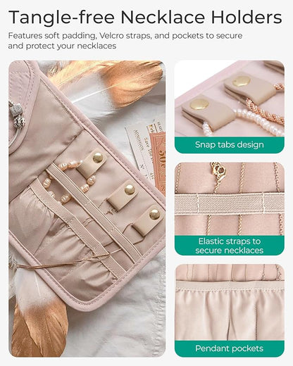 BAGSMART Travel Jewelry Organizer Case Foldable Jewelry Roll for Journey Rings, Necklaces, Earrings, Bracelets,Mini,Beige