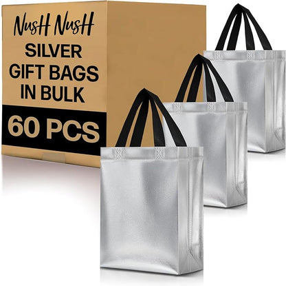 Nush Nush Silver Gift Bags Bulk Medium Size - Set of 60 Reusable Bulk Gift Bags with Handles - Ideal Goodie Bag for Birthday Party, Christmas, Thanksgiving, Bridal Shower, Small Business - 8X4X10