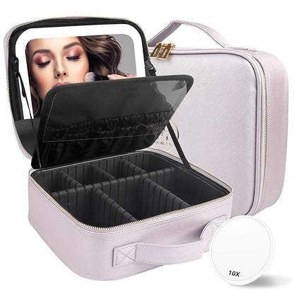 MOMIRA Travel Makeup Bag Cosmetic Bag Makeup Organizer Bag with Lighted Mirror, Adjustable Brightness in 3 Color Scenarios, Waterproof Makeup Train Case, Gift for Women - Violet grey