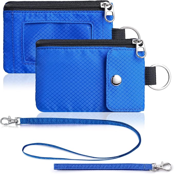 Minimalist Wallet For Mens Womens, Keychain RFID Blocking Zipper Small Wallet with ID Window 2 Lanyards,Water Resistant Travel Cash Card Coin Case Boys Girls