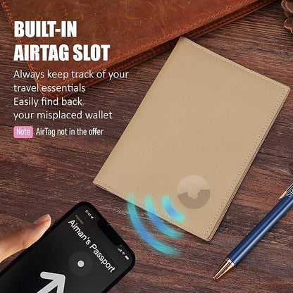 STAR VISTA Albatross Leather Travel Passport Holder, Minimalist Design, Calfskin Leather Case for Women and Men - Slim Passport Wallet, Bifold, RFID Blocking, with AirTag Holder, Ivory