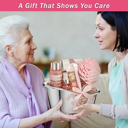 Spa Gift Baskets For Women - Luxury Bath Set With Rose Oil & Peony - Spa Kit Includes Body Wash, Bubble Bath, Lotion, Bath Salts, Body Scrub, Body Spray, Shower Puff, and Towel