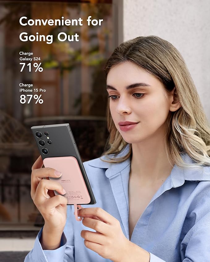 VEEKTOMX Slim Portable Charger, 5000mAh Lightweight Power Bank with Wired USB C Cable, Ultra Thin Battery Pack Compatible with iPhone 15/Plus/Pro/Pro Max/Samsung/Android(Non-Wireless Charging), Pink