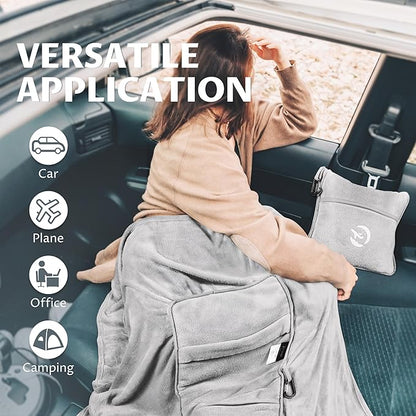 Tirrinia Travel Blanket Airplane Compact with Bag - Cozy Travel Pillow Blanket for Long Flight, Airplane Travel Essentials, Packable and Lightweight Travel Blanket and Pillow Set for Kids & Adults,