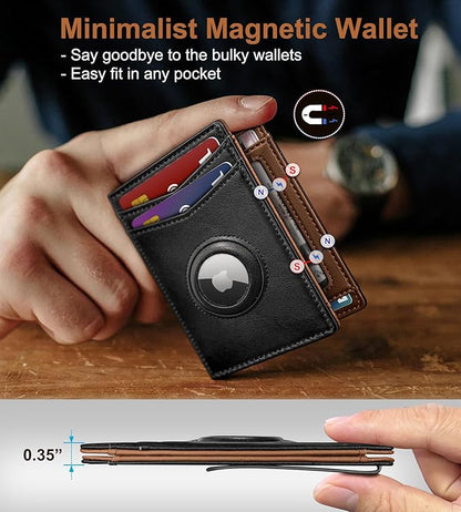 Airtag Wallet for Men- with Money Clip Gift Boxed, Magnetic Closure Slim Genuine Leather Front Pocket Wallet, 4.1"x 2.8", RFID Blocking