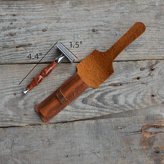 JJNUSA Handmade Sleeve Travel Pouch Leather Safety Razor Case, Double Edge Razor 4.5", Old Fashioned Razor Sleeve Shaving Accessories Men's Shaving Razor Flower Brown