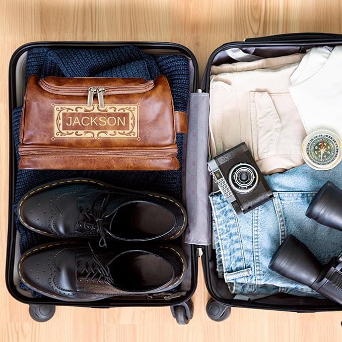 Personalized Toiletry Bag for Men - Custom Large Leather Dopp Kit with Engraved Name & Text, Personalized Gift for Groomsmen, Husband, Dad, Boyfriend, Birthday or Christmas Gifts for Men