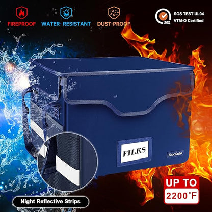 DocSafe Fireproof Document Box with Lock, File Storage Organizer with Mesh Pockets, Collapsible Portable File Box Home Office Safe Filing Cabinet with Handle for Hanging Letter/Legal Folder, Blue