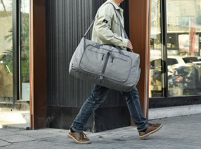 Dimayar 65L Travel Duffle Bag for Men Women - Foldable Duffel Bag with Shoes Compartment - Overnight Bags Waterproof & Tear Resistant(Gray)