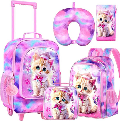AGSDON 5 Piece Kids Luggage Set for Girls, Cute Rolling Wheels Suitcase for Toddler, Children Travel Carry on Suitcase -Cat