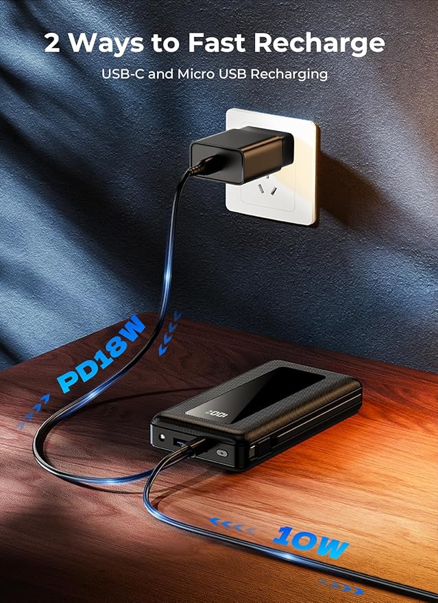 Portable Charger Power Bank, 50000mAh Battery Pack with Built-in Cables, PD 22.5W Fast Charging & Flashlight, Travel Camping Essential, Large Capacity Portable Phone Charger for iPhone, Samsung, iPad