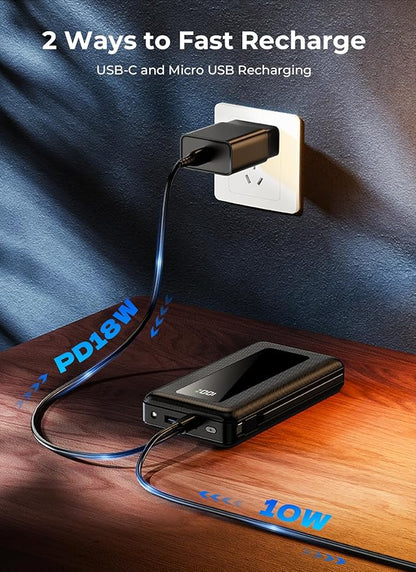 Portable Charger Power Bank, 50000mAh Battery Pack with Built-in Cables, PD 22.5W Fast Charging & Flashlight, Travel Camping Essential, Large Capacity Portable Phone Charger for iPhone, Samsung, iPad