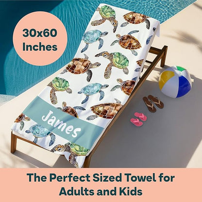 Ships Next Day - Personalized Beach Towel for Kids & Adults - Printed in USA - Custom Towels with Picture and Text - Quick Dry Pool Towels - Cotton/Poly Blend - 30" x 60" - Sea Turtles