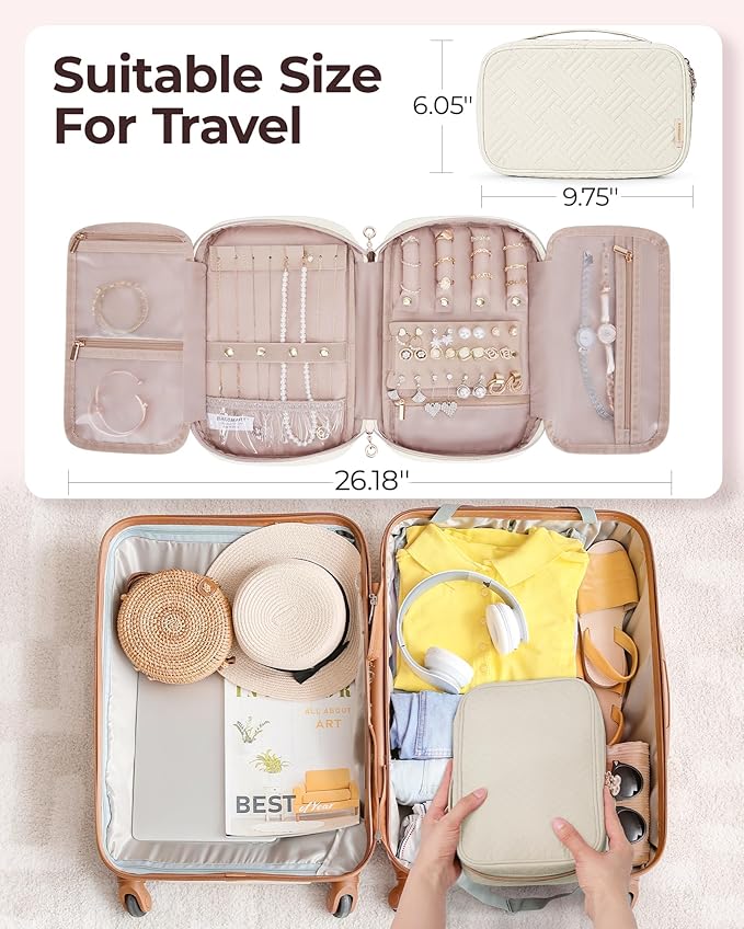 BAGSMART Travel Jewelry Case, Jewelry Organizer for Women Girls, Zipper Rings Holder Storage Pouch for Rolls Necklaces,Stud Earrings,Bracelets, Beige