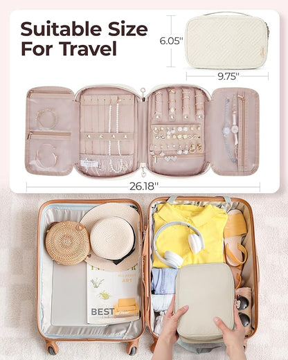 BAGSMART Travel Jewelry Case, Jewelry Organizer for Women Girls, Zipper Rings Holder Storage Pouch for Rolls Necklaces,Stud Earrings,Bracelets, Beige
