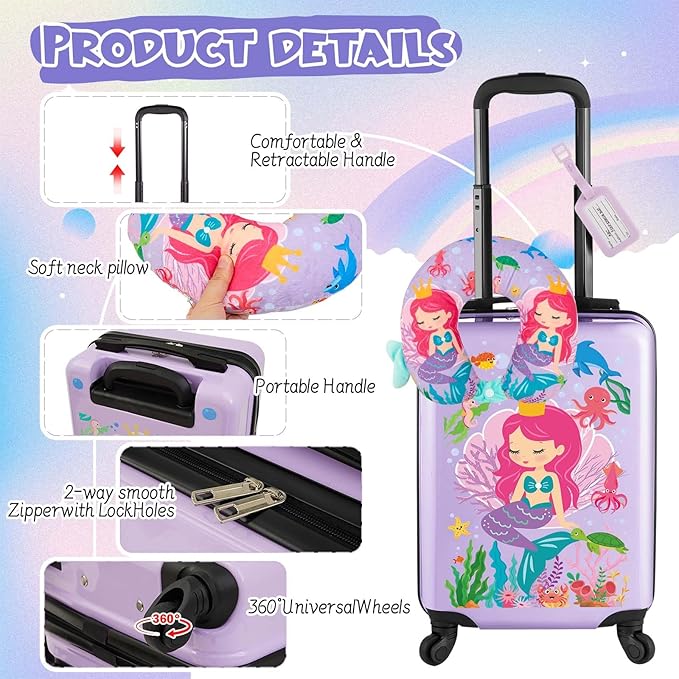 Sanwuta 4 Pcs Kids Luggage Set Backpack Travel Rolling Suitcase U-shape Pillow Christmas Children Gift for Girls Boys(20 Inch,Mermaid Style,Purple)