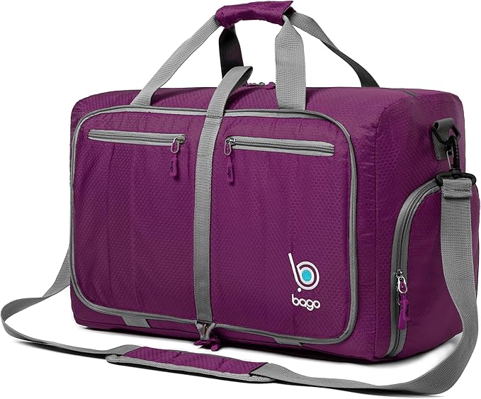 Bago Foldable Duffel Bags for Traveling Women & Men - 40L Sports Packable Duffle Bag for Travel with Shoe Compartment - Water Repellant, Heavy Duty, Lightweight Folding & Collapsible (Purple)