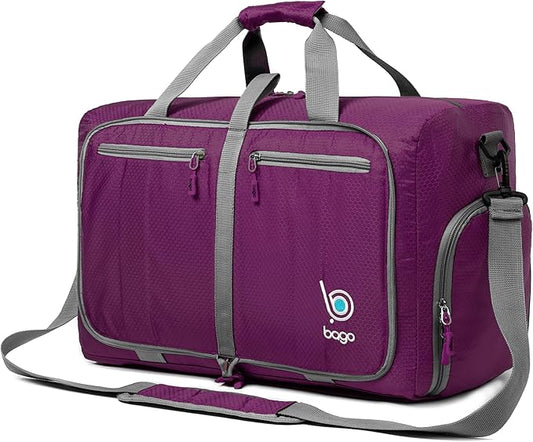 Bago Foldable Duffel Bags for Traveling Women & Men - 40L Sports Packable Duffle Bag for Travel with Shoe Compartment - Water Repellant, Heavy Duty, Lightweight Folding & Collapsible (Purple)