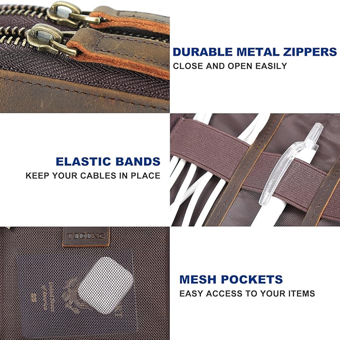 TIDING Leather Cable Electronics Organizer Case, Double Layer Travel Electronic Storage Bag for Charger, Cables, Phone, SD Card