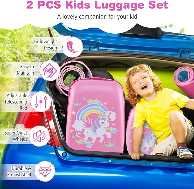 Goplus 2PC Kids Luggage, 12" & 16" Kids Carry On Luggage Set with 4 Spinner Wheels, Lightweight Rolling Spinner Suitcase for Children Toddlers Boys and Girls Travel