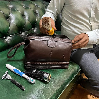 RUSTIC TOWN Leather Toiletry Bag for Men - Shaving Ditty Kit - Travel Gift Bathroom Shower Toiletries Organizer - Cosmetic Makeup Bag for Women (Chocolate Brown)