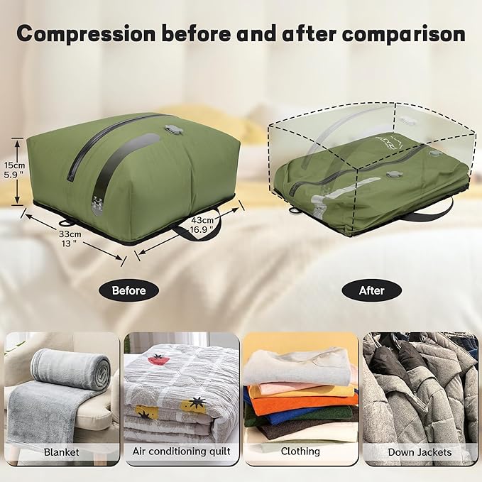 ONTYZZ Travel Vacuum Compression Bags Space Saver Vacuum Bags Reusable Compression Bag with IP67 Waterproof Zipper for Travel Suitcases and Backpack,Two Pack Green（NO PUMP!）