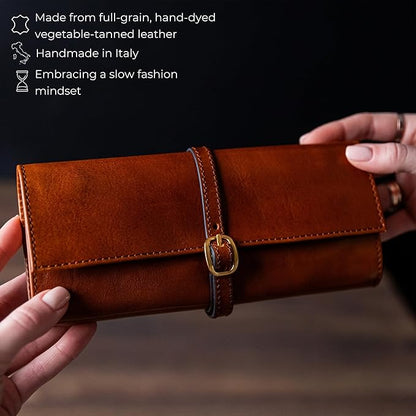 Time Resistance Leather Jewelry Roll - Full Grain Leather Travel Jewelry Case - Jewellery Organizer Made in Italy (Cognac Brown)