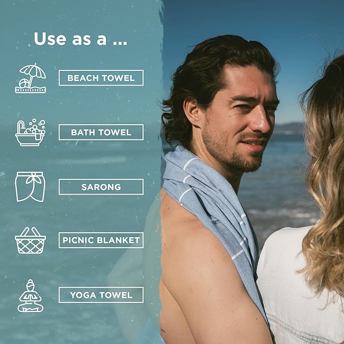 Oversized Turkish Beach Towel, Striped Pale Yellow & Powder Blue - 37'' x 67'' - Super Soft & Lightweight - Quick Dry Sand Free Travel Towels for Beach or Bath - Gifts