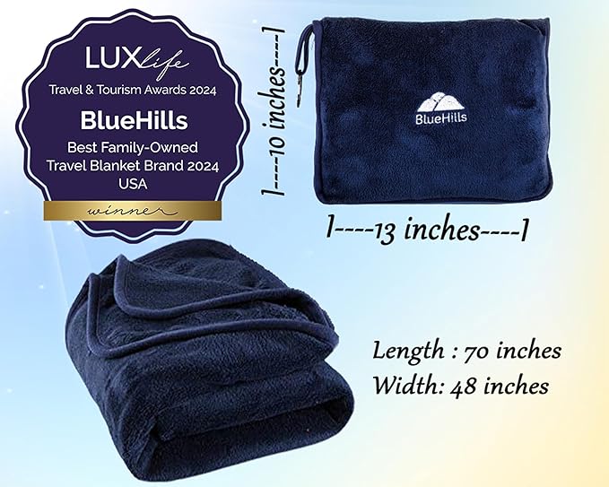 BlueHills Premium Soft Long Travel Blanket Pillow for Tall Airplane Flight Blanket Throw Luggage Belt & Backpack Clip Compact Packable Car Large 2 in 1 Combo Warm Gifts Navy Blue T051