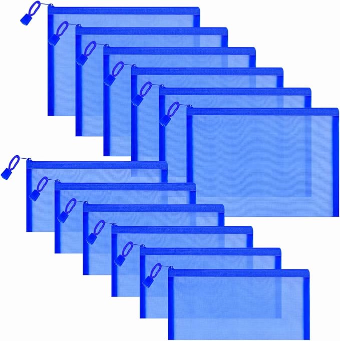 12 Pieces Zipper Nylon Mesh Pouch, Mesh Cosmetic Bags Makeup Bags Pencil Case, Multipurpose Travel Bags for Cosmetic School Office Supplies and Travel Accessories (Blue, A5+B6)