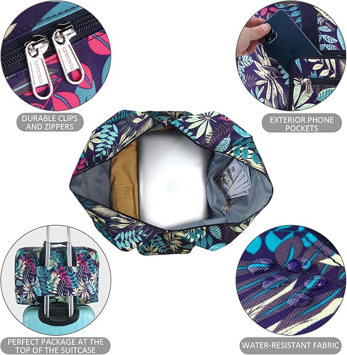 F.FETIVIN Weekender Bag Carry On Travel Duffle Medium Overnight Bag for Women (Blue Leaf)