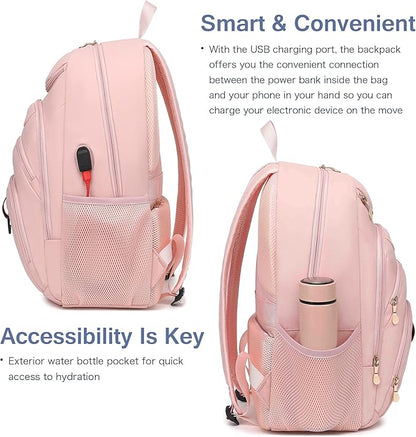 Boavan Laptop Backpack for women, 15.6 inch Laptop Bag with USB Port, Waterproof Travel Work Backpack Purse, Anti-Theft Teacher Nurse Doctor Casual Bookbags Office Business backpack，Pink