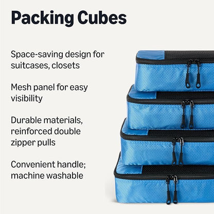 Amazon Essentials 4-Piece Packing Cubes Travel Accessories Set, Luggage Organizer with Double Zipper, Mesh Top, 100% Polyester, Small, Sky Blue (Previously Amazon Basics)