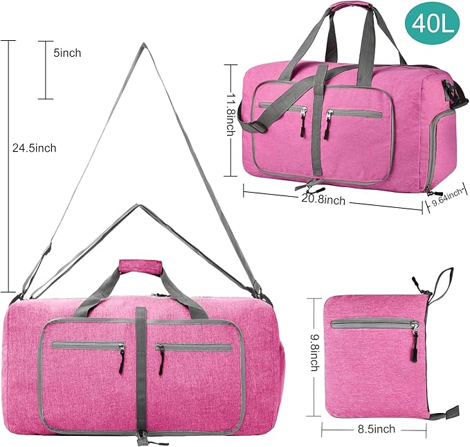 Dimayar 40L Travel Duffle Bag for Men Women - Foldable Duffel Bag with Shoes Compartment - Overnight Bags Waterproof & Tear Resistant(Rouge Pink)