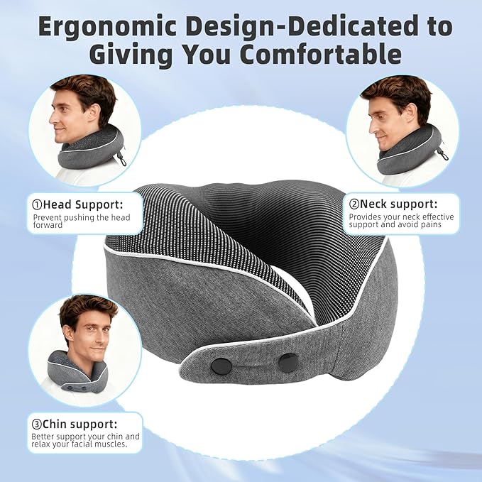 Memory Foam Travel Neck Pillow for Airplane, 360° Ergonomic Support Neck Pillow for Sleeping on Long Flights, Cars, Trains & Office, Compact & Portable with Storage Bag (Gray)